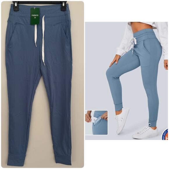 Halara High Waisted Drawstring Side Pocket Full Length Joggers in Grey Blue - Picture 1 of 8